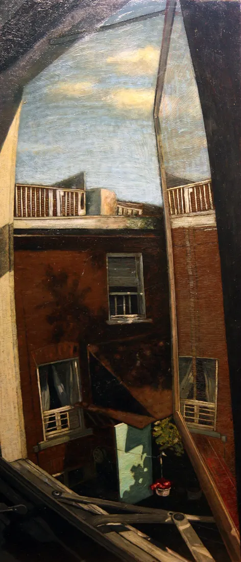 A view from an open window onto the brick backs of apartment buildings and a pale sky