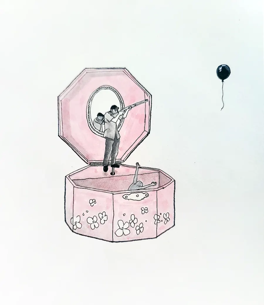 A pink octagonal music box with a figure aiming a rifle inside it and a black balloon floating nearby